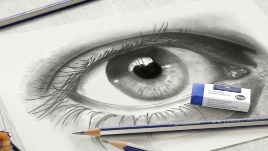 pencil sketch of a eye and a blue eraser