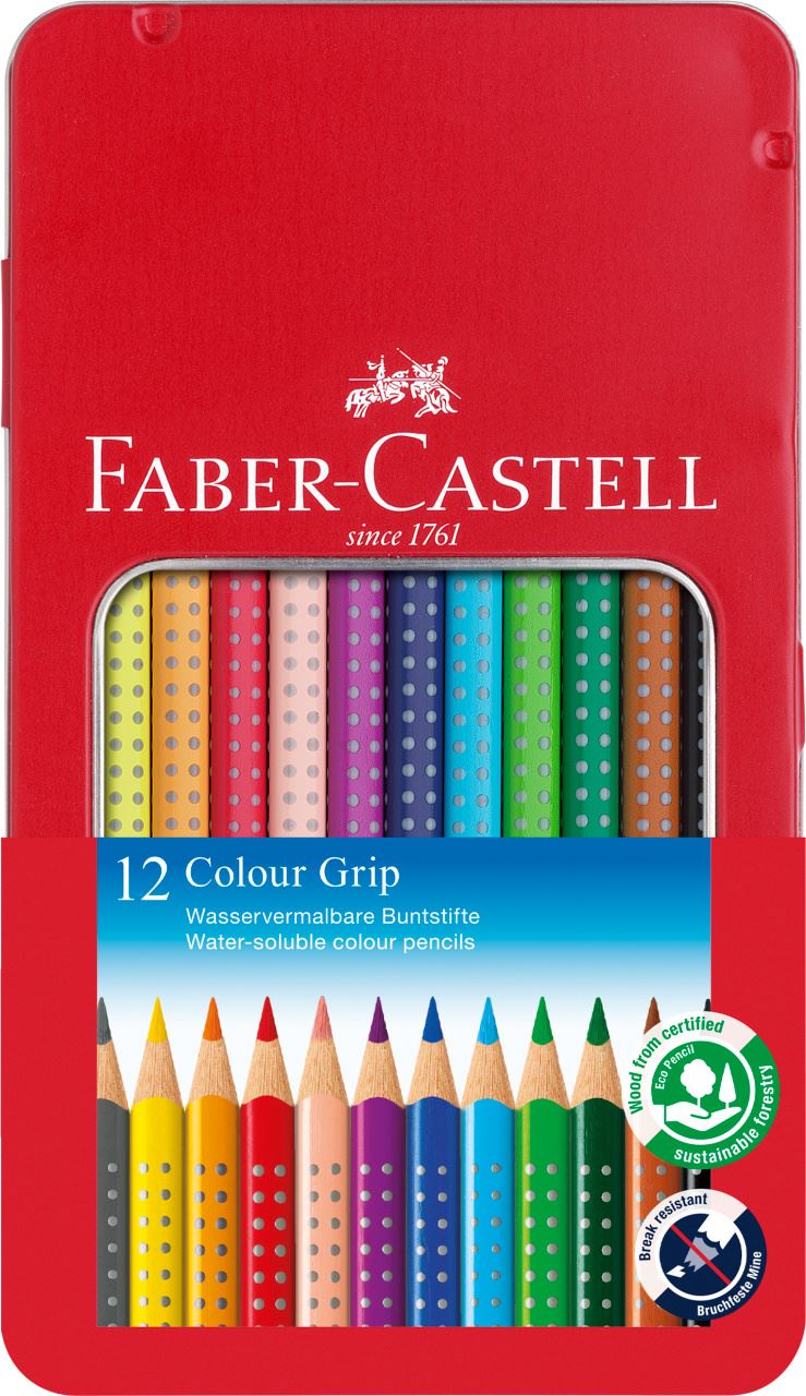 Faber-Castell - Lápiz de color Colour Grip, estuche de metal, 12 piezas