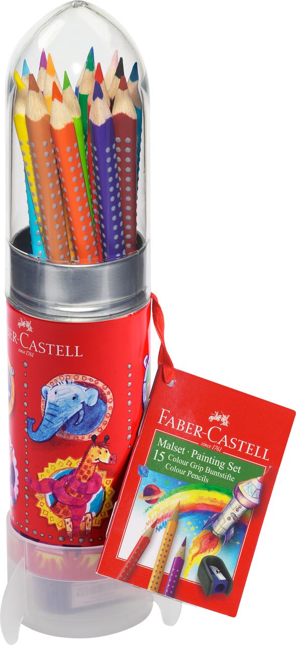 Faber-Castell - Lápiz Colour Grip Cohete, estuche metal, 16 piezas