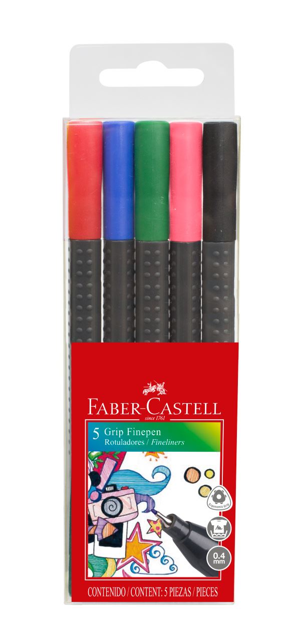Faber-Castell - Tiralíneas Grip Finepen estuche x5 colores básicos