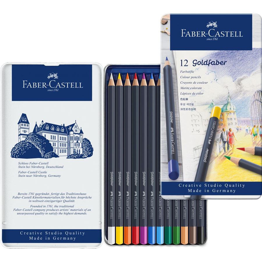 Faber-Castell - Estuche de metal con 12 lápices de color Goldfaber