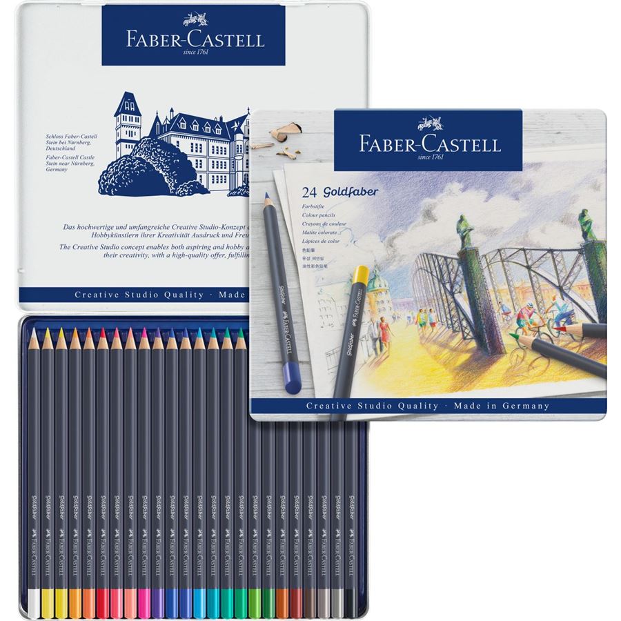 Faber-Castell - Estuche de metal con 24 lápices de color Goldfaber