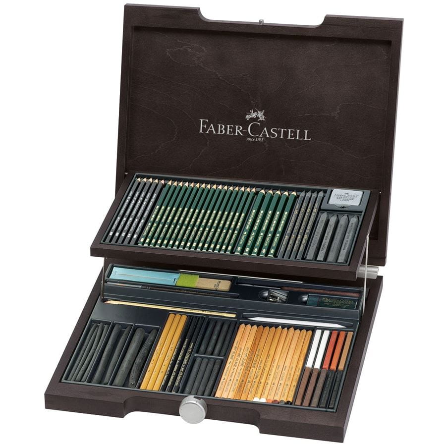 Faber-Castell - Estuche de madera Pitt Monochrome, 86 piezas
