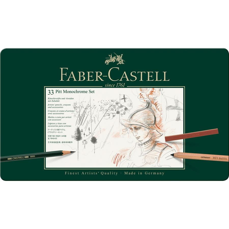 Faber-Castell - Estuche de metal con 33 piezas Pitt Monochrome