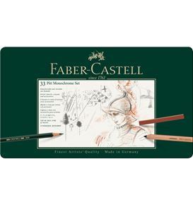 Faber-Castell - Estuche de metal con 33 piezas Pitt Monochrome