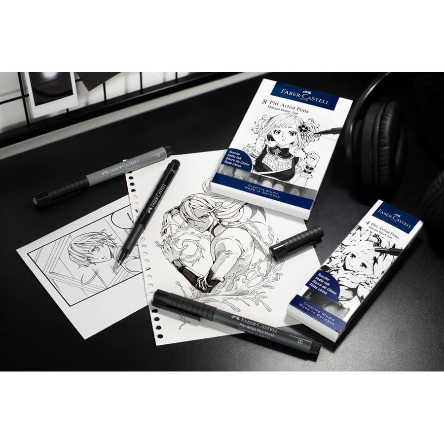 Faber-Castell - Estuche con 4 rotuladores Pitt Artist Pen, Manga Black