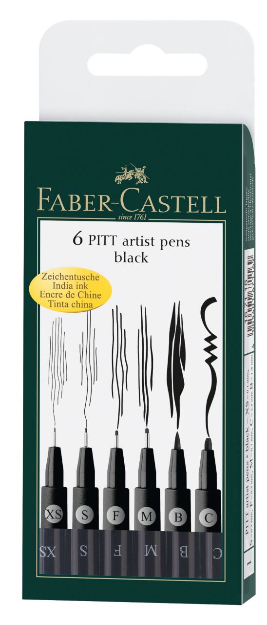 Faber-Castell - Estuche con 6 rotuladores Pitt Artist Pen, negro