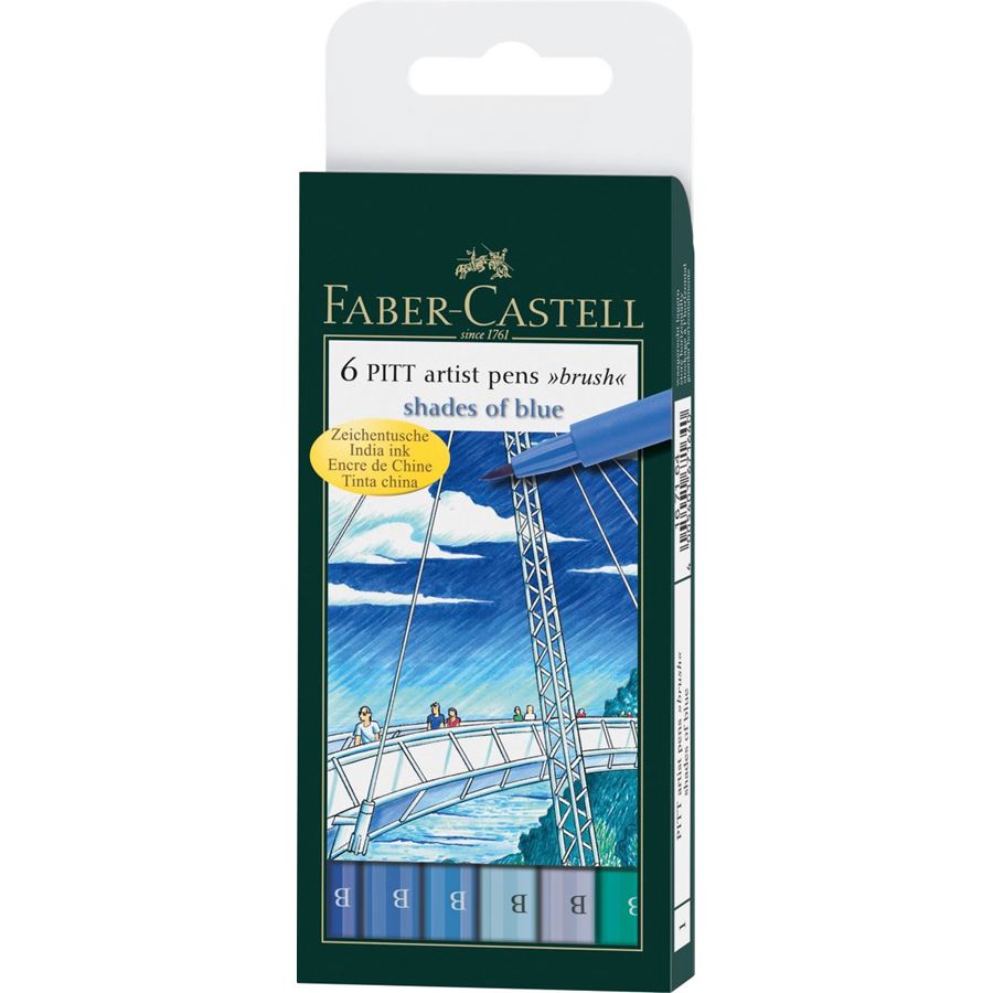 Faber-Castell - Estuche con 6 rotuladores Pitt Artist Pen Brush, azules